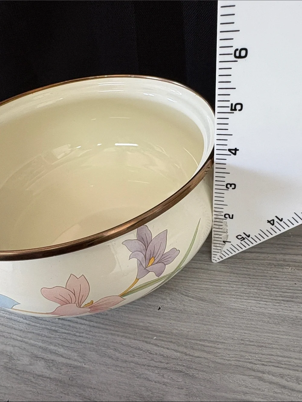 Cream Floral Enamel Pot with Brass Accents